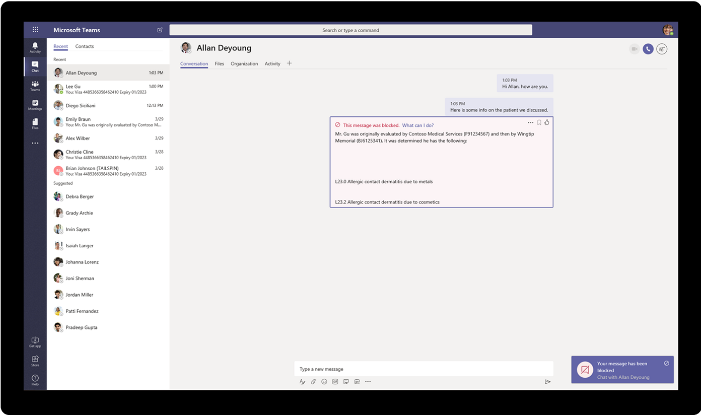 Screenshot of a blocked message in Microsoft Teams.