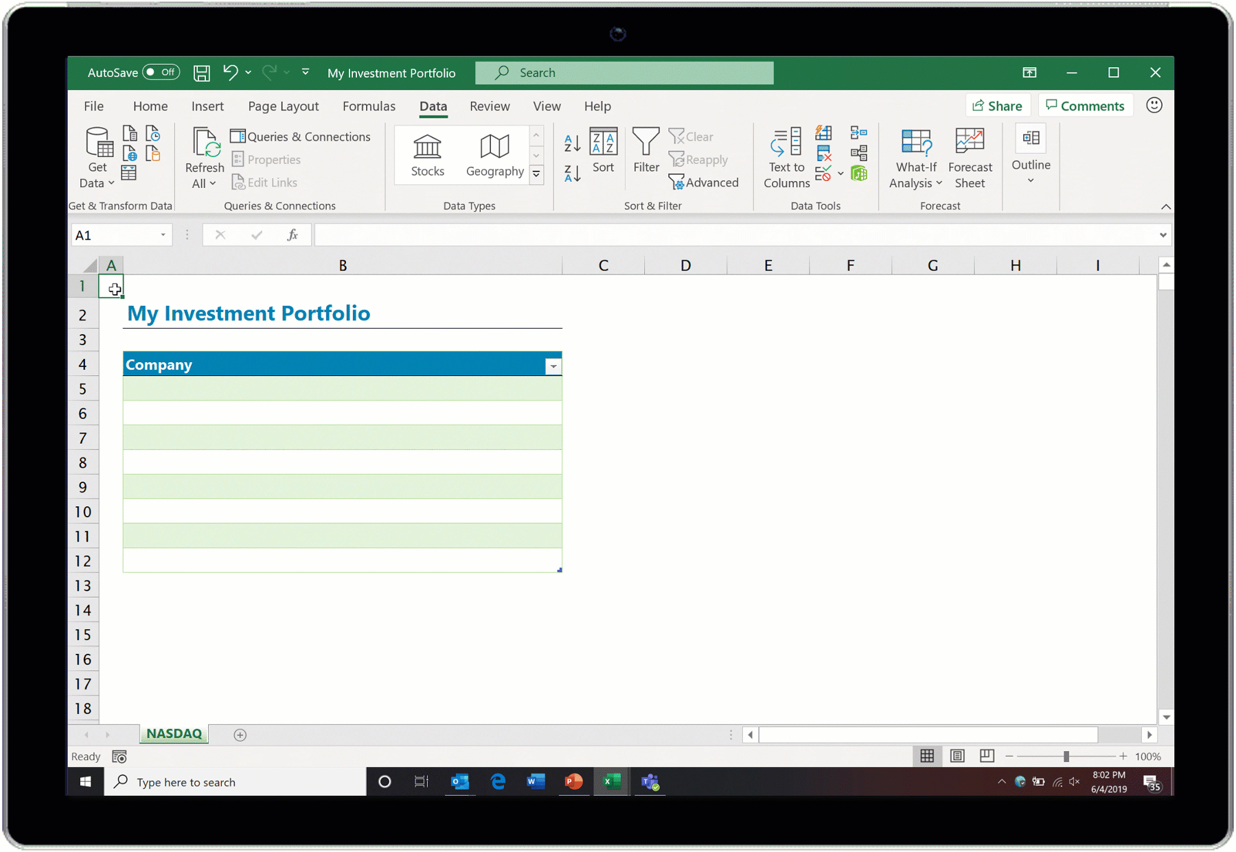 Animated screenshot of the Stocks Data Type in action in Excel.