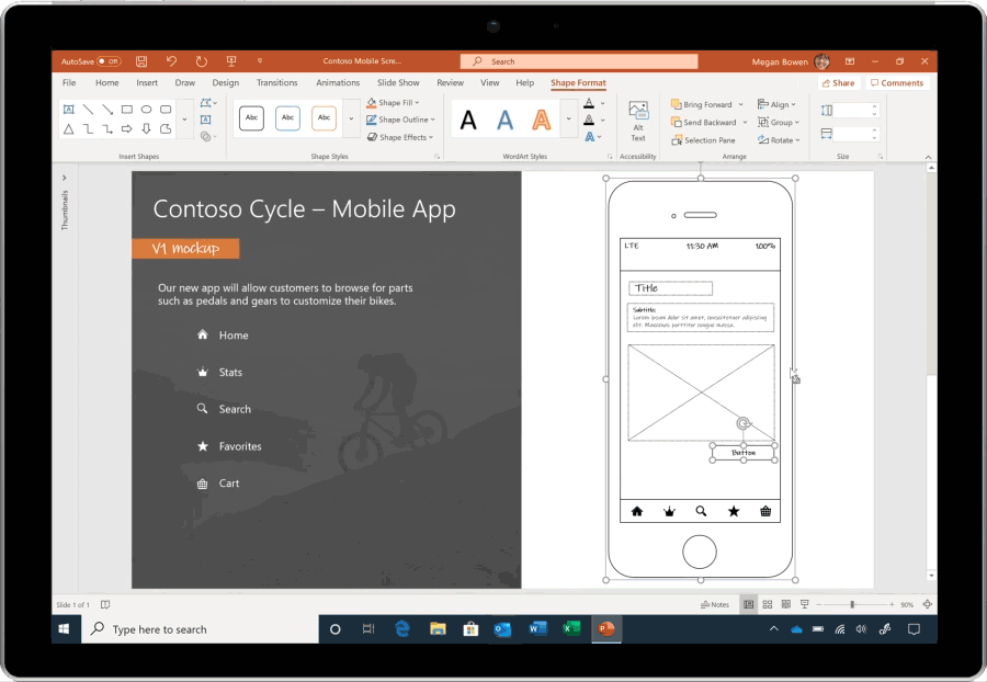 Animated image of Format Shape in PowerPoint being used to make a sketch of an iPhone look as though it were drawn freehand, by selecting the Frehand Sketch style.