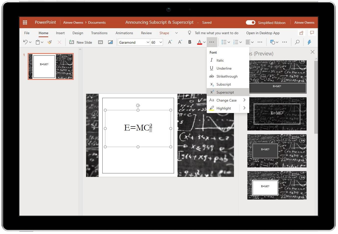 Image of Superscript (under Font) in PowerPoint being used to superscript the "2" in the formula E=MC squared.