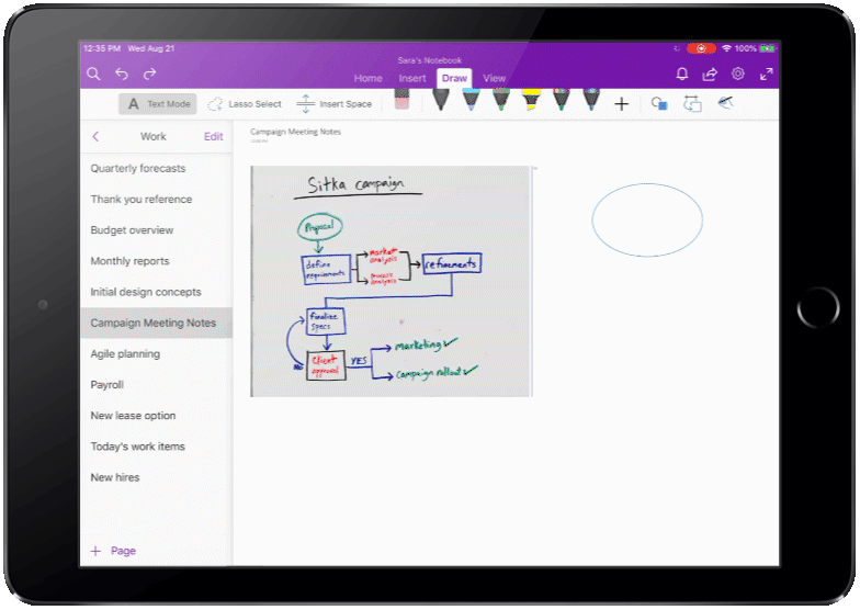 Animated image of Shapes being used in OneNote, while in Text Mode.