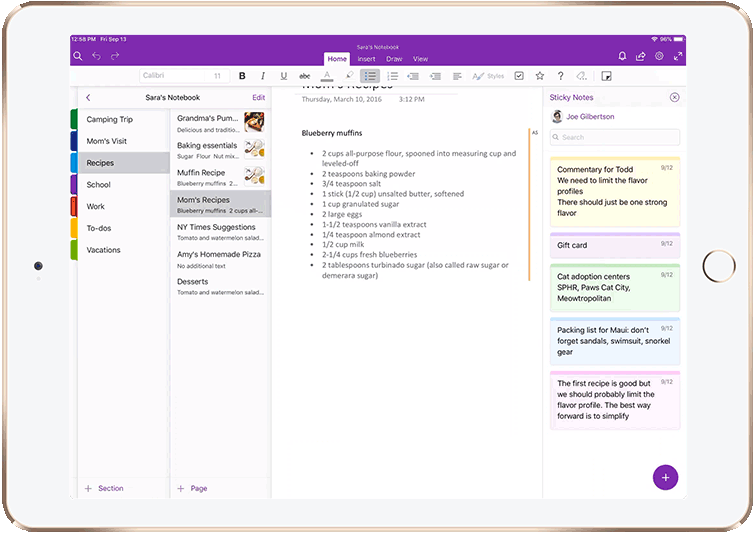 Animated image of a recipe being shared in OneNote.