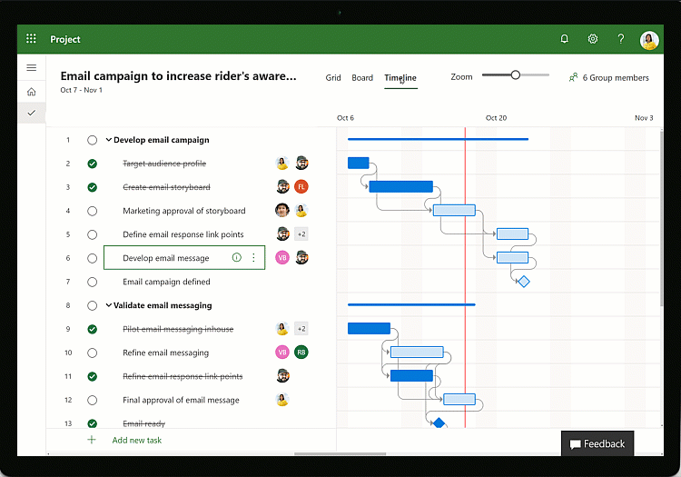 Image animée d'une ligne de temps en cours d'élaboration dans Microsoft Project.