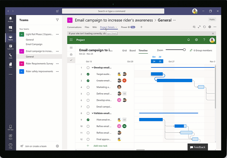 Animated image of Project Details being opened in Microsoft Teams.