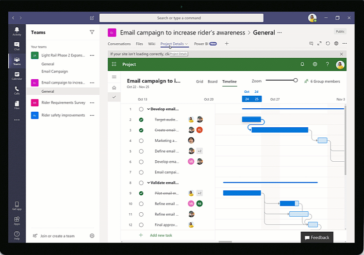 Imagen animada de Detalles del proyecto abriéndose en Microsoft Teams.