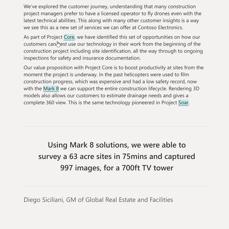 Animated image demonstrating a Project Cortex topic card. A mouse hovers over a linked word in a paragraph and People, Resources, and Related Topics appear, as well as project details.