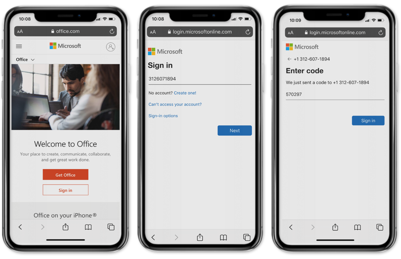 Image of one-time SMS codes being used to sign in to a device. Three phones display a code received and used by a Firstline Worker.