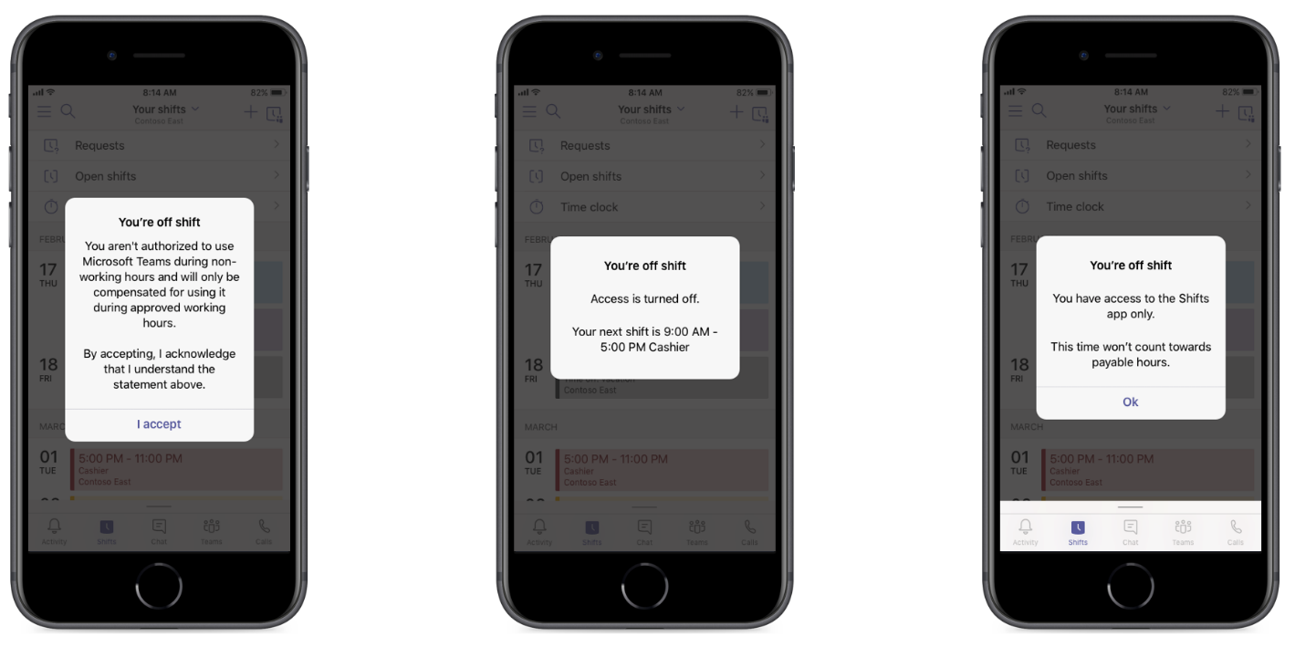 Image of off shift being used in Microsoft Teams. Three phones display various messages from the new feature.