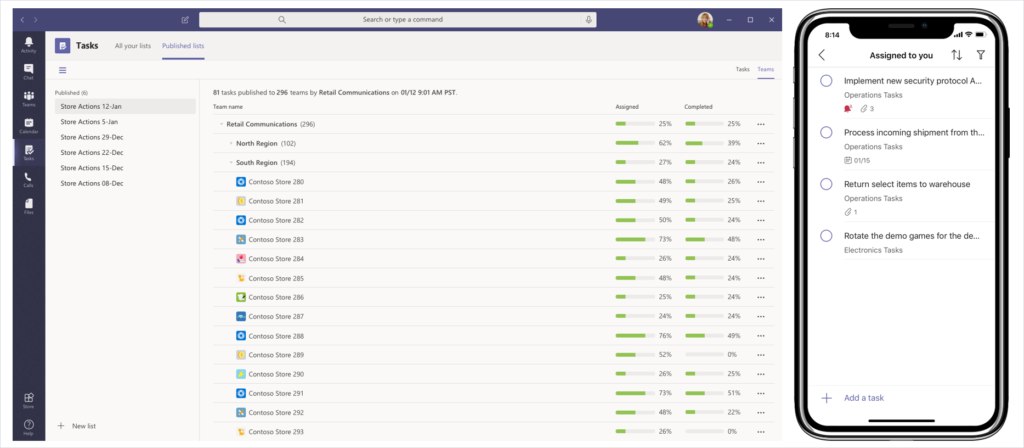 Image of tasks being assigned to teams in Microsoft Teams.