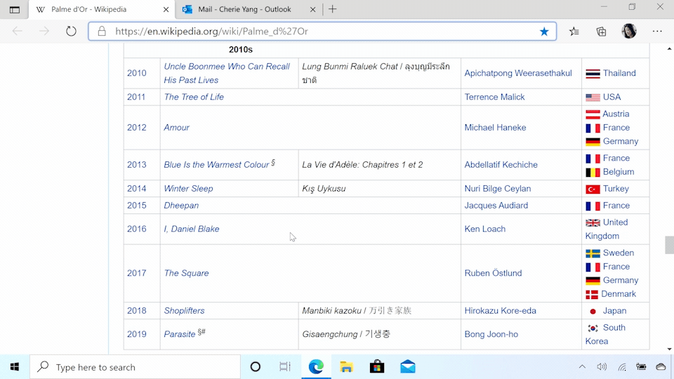 La copia intelligente in Microsoft Edge utilizzata per selezionare un elenco da Wikipedia. Viene quindi incollato in un'e-mail di Outlook.