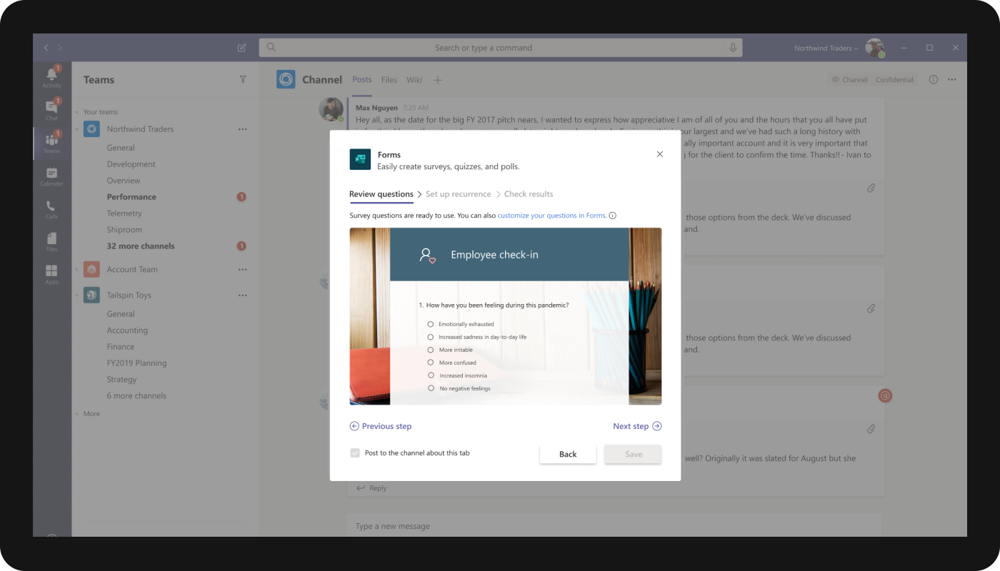 An image of the new survey option in Microsoft Teams.