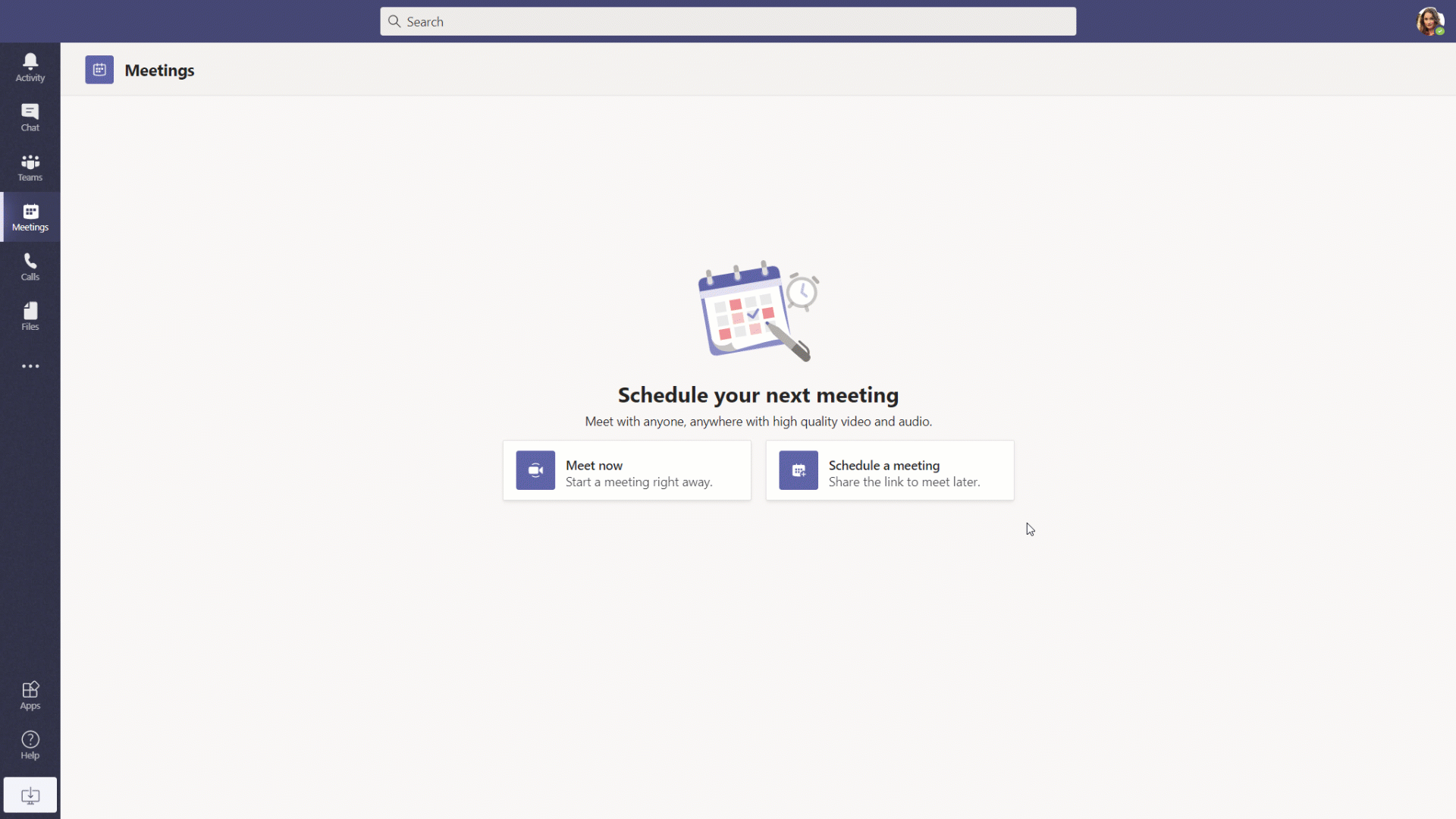 Immagine animata: un utente che pianifica una riunione in Microsoft Teams.