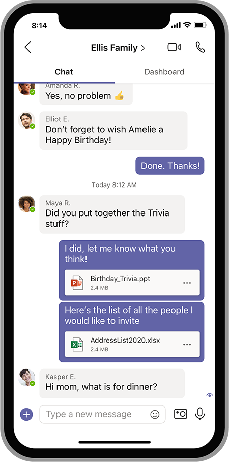 Een geanimeerde afbeelding die samenwerking tussen families in Microsoft Teams laat zien.