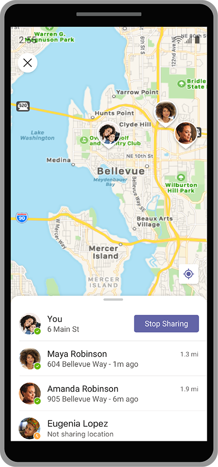 An animated image showing location features within Microsoft Teams.