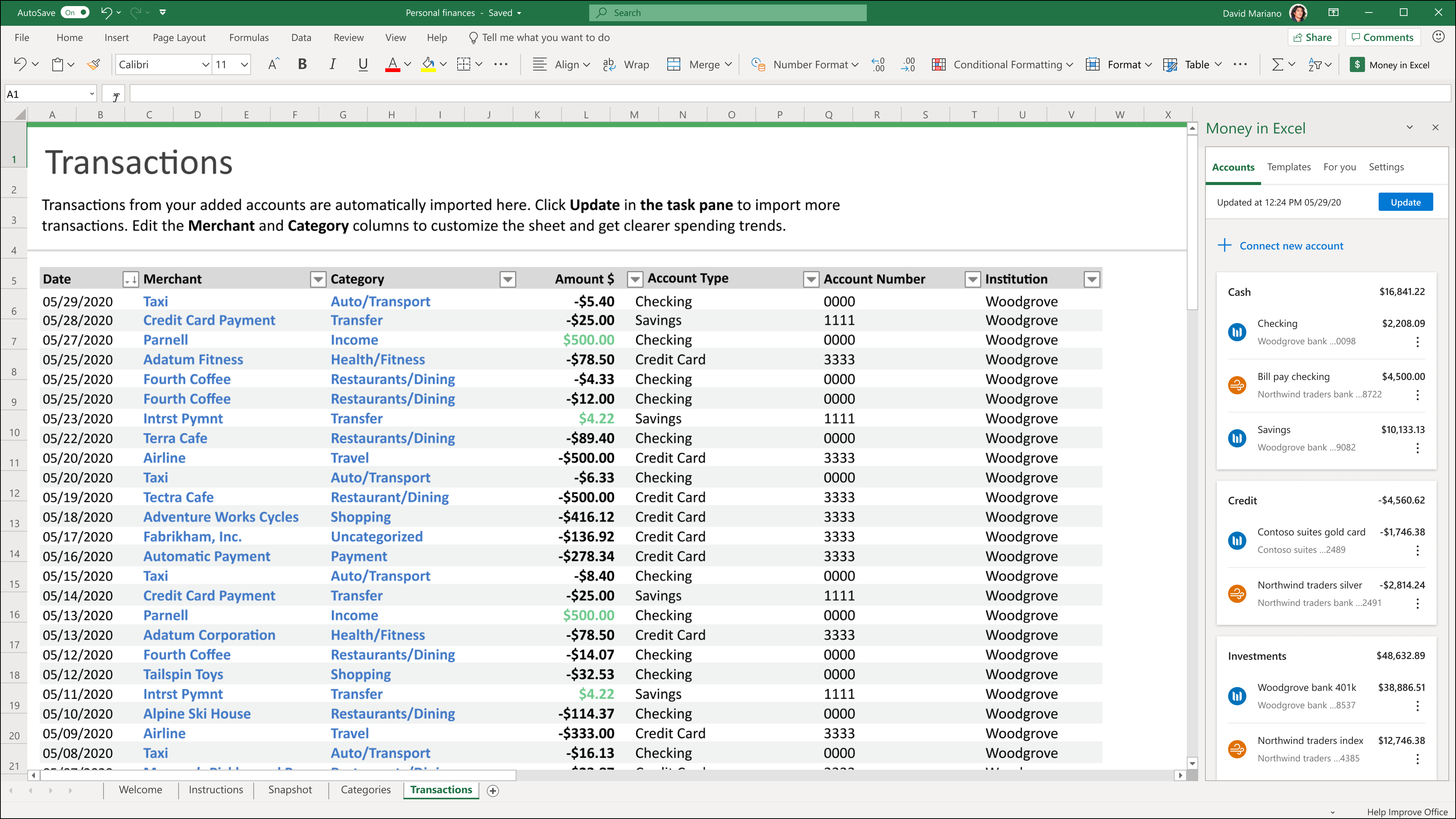 An image of a list of monetary transactions within Excel.