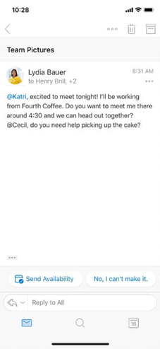 An animated image of Outlook mobile, suggested replies will include an easy way to share your availability.