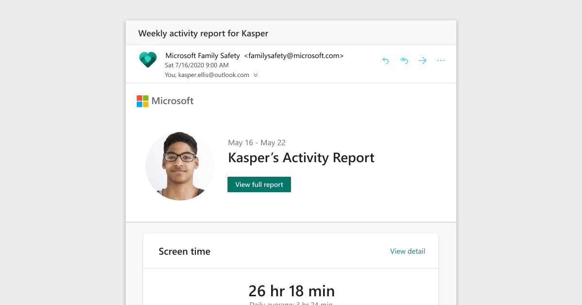 Una imagen animada que muestra el informe de actividad de la aplicación Microsoft Family Safety.