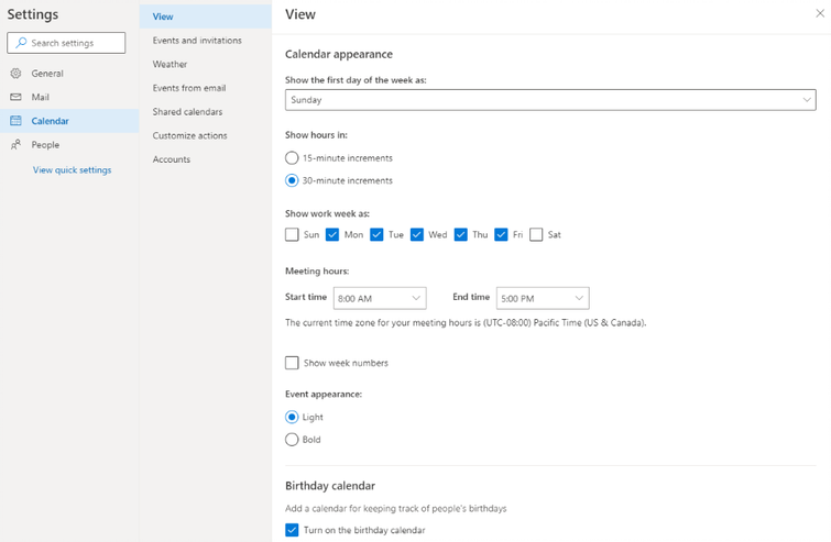 An image of Calendar Settings, update your meeting hours so coworkers know when you are available 