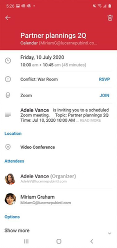 An image of Join in one tap most meetings from Outlook for Android.