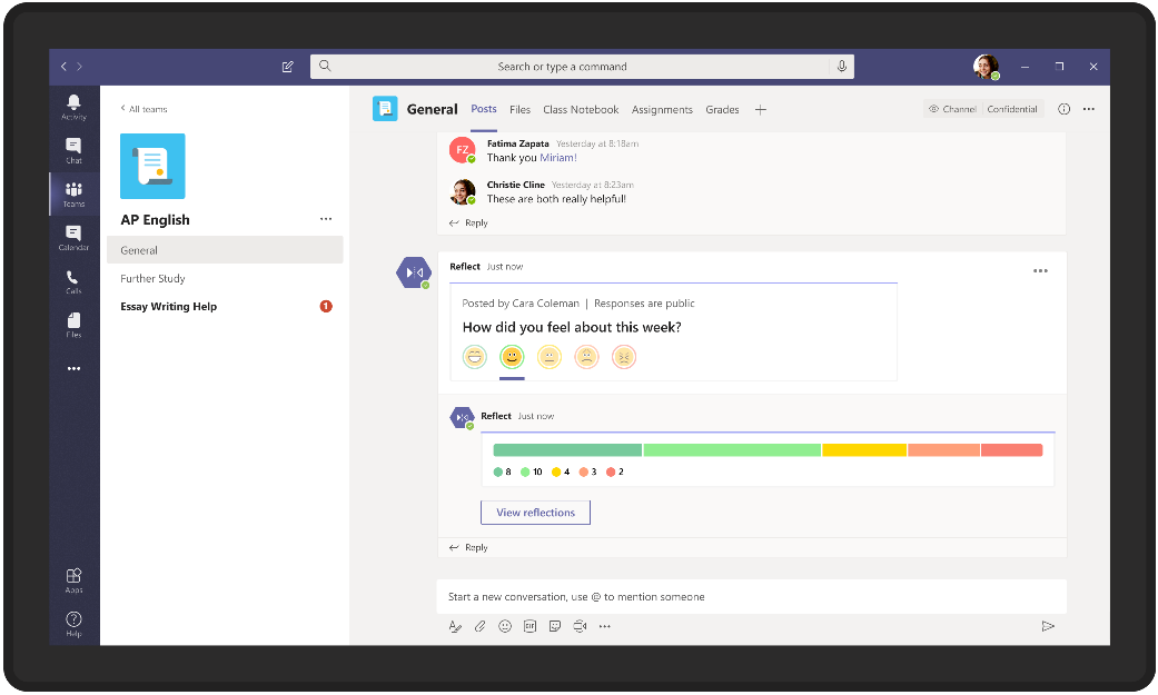 A picture of Microsoft Teams on a tablet with a question asking users how they felt about this week.