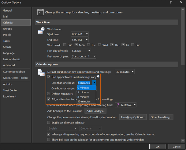 An image of Set appointments and events to end early as default in Calendar Settings in Outlook for Windows and web.