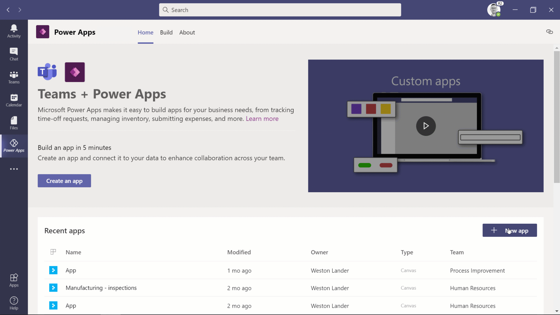 GIF image showing the home screen and then the maker studio of the Power Apps app for teams, including showing a few elements being added to the canvas of the app