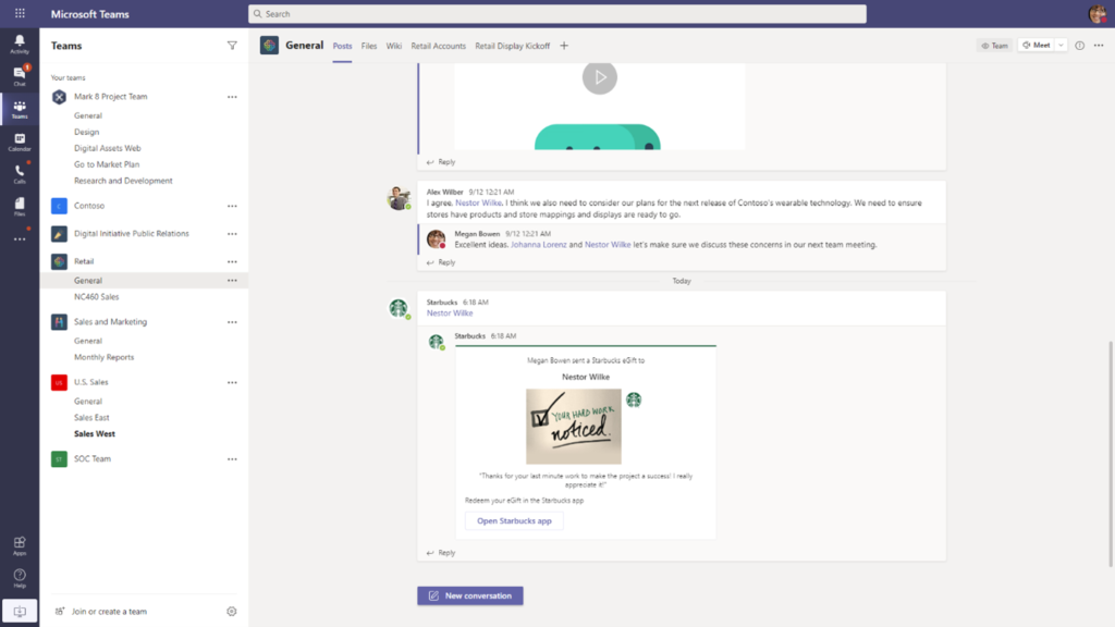 Screenshot of sharing Starbucks eGift card via Microsoft Teams 