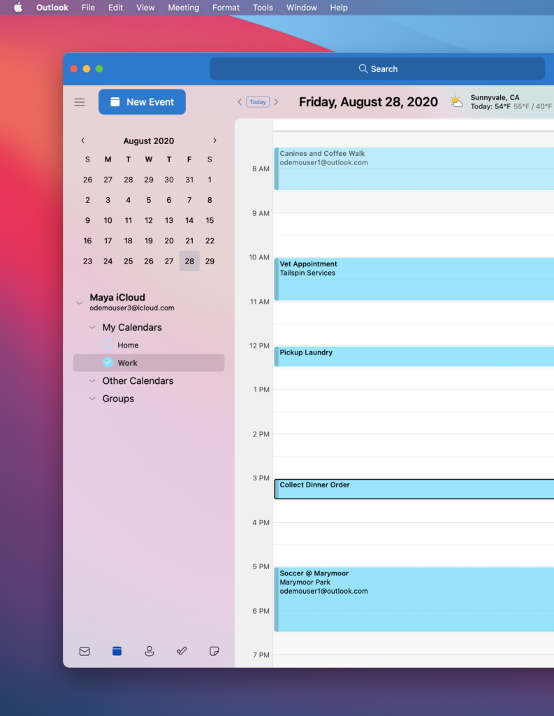 Screenshot of Microsoft Outlook calendars syncing on a Mac computer 