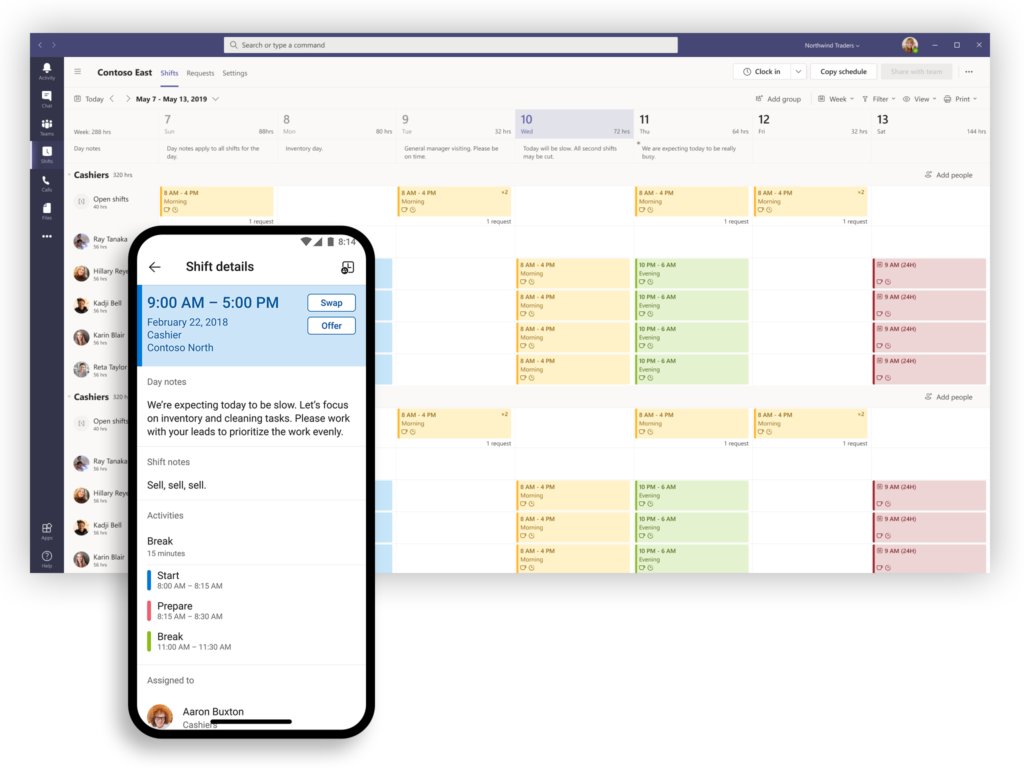 Screen shot showing Tasks and Shifts within Microsoft Teams 