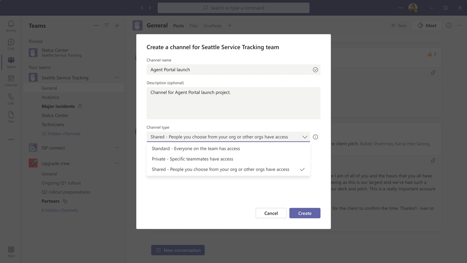 GIF, amely a Microsoft Teams Connect különböző képernyőit mutatja