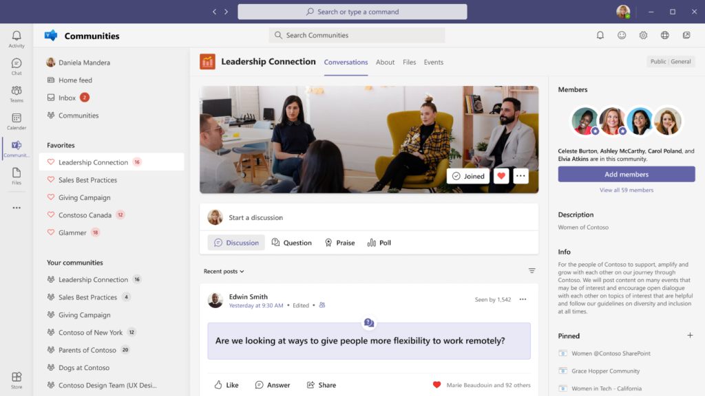 Microsoft Teams app showing how to interact with communities directly.