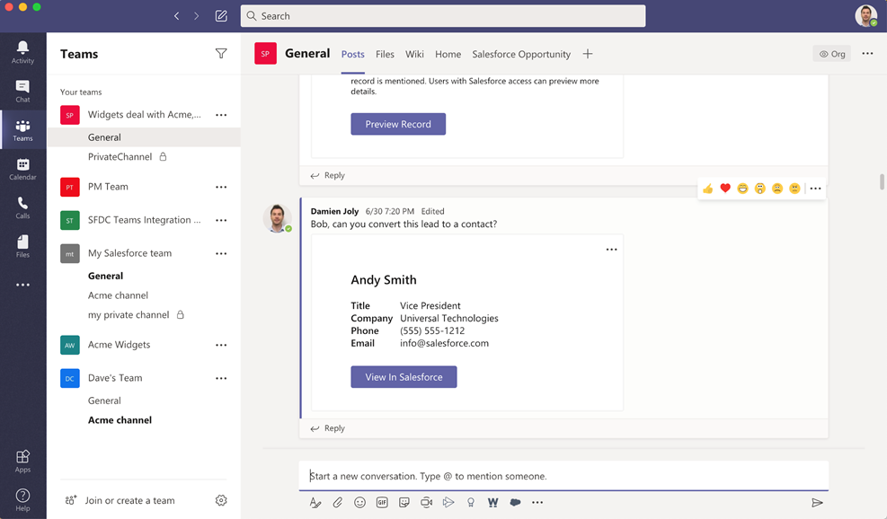 Users can pin Salesforce records to channels, chats, and calendar meetings all in Teams 