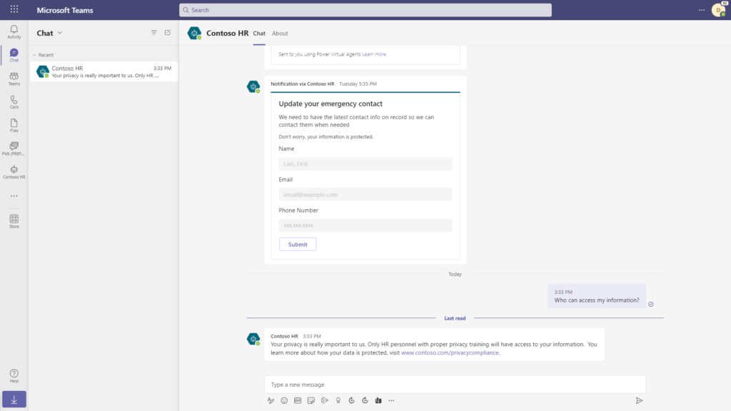 Microsoft Teams and Contoso HR bot interface.