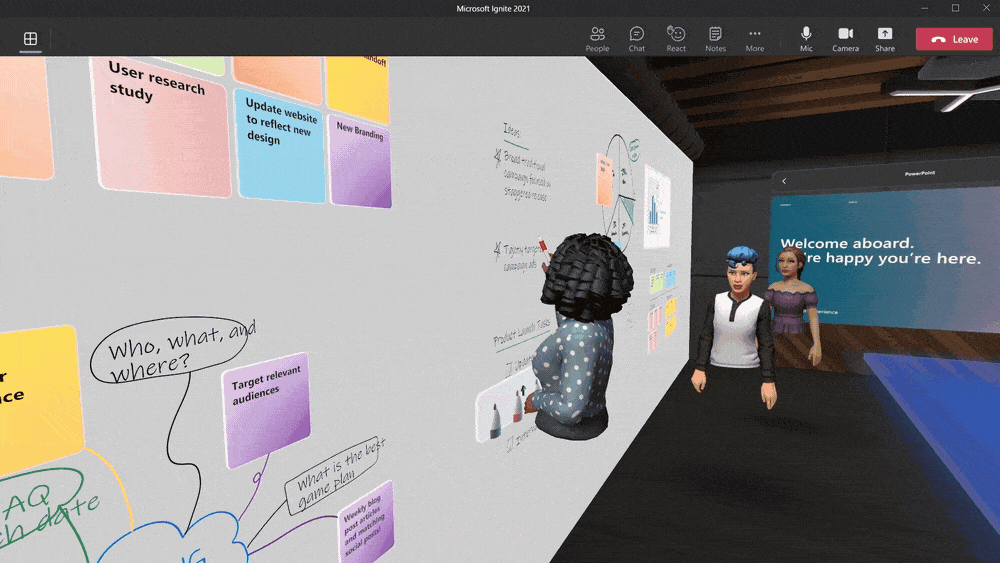 Animated image of Microsoft Teams Whiteboard with three avatars working on the board.