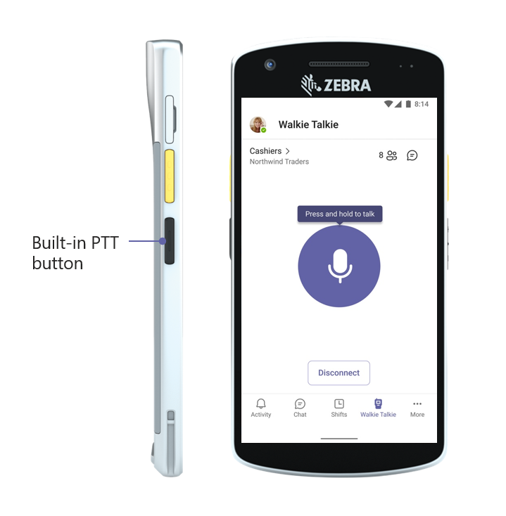 Zebra walkie talkie functionality, with the built-in P T T button for use with Microsoft Teams 