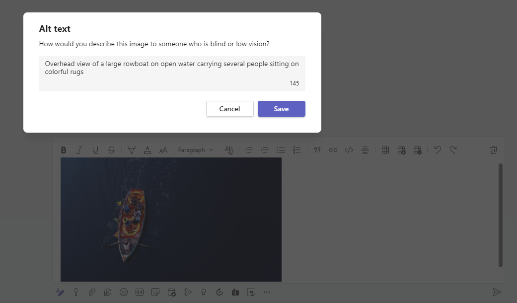 Teams chat window showing the dialog box for adding alt text to an image. The prompt says “How would you describe this image to someone who is blind or low vision?” 