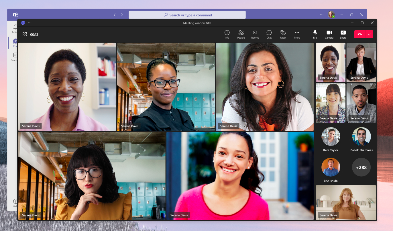 Microsoft Teams client on Windows 11 with multiple faces visible in a videoconferencing meeting.