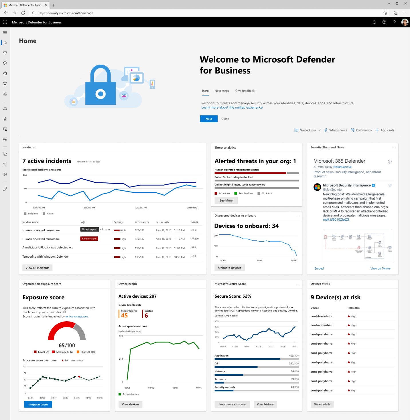 Microsoft Defender for Business home page within an Edge browser with dashboards showing active incidents and device health.