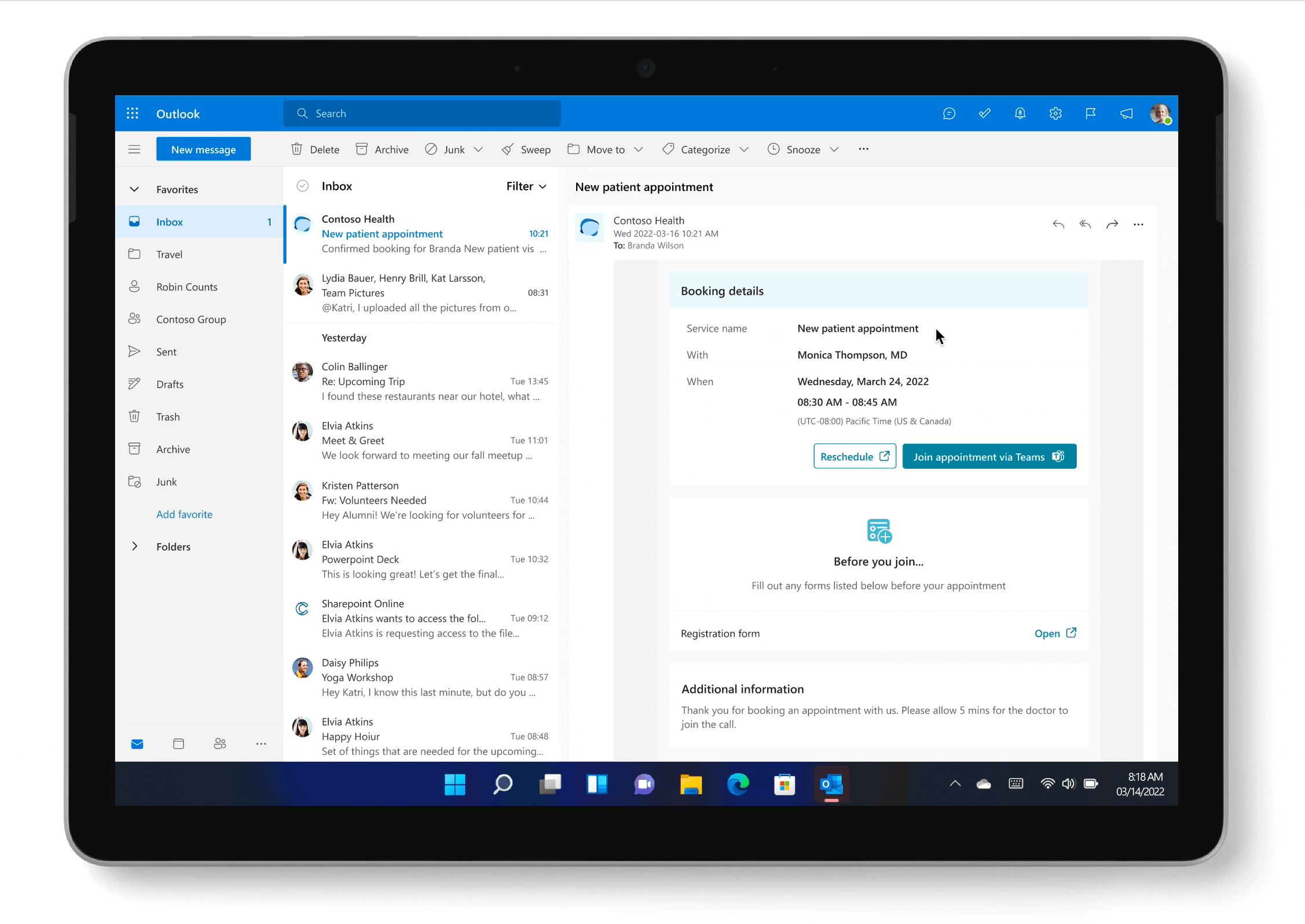 Tablet showing a new patient appointment email with a link to a registration form, a click through of the submission process, and a view of the scheduled appointment in the provider’s calendar with a link to the completed form.