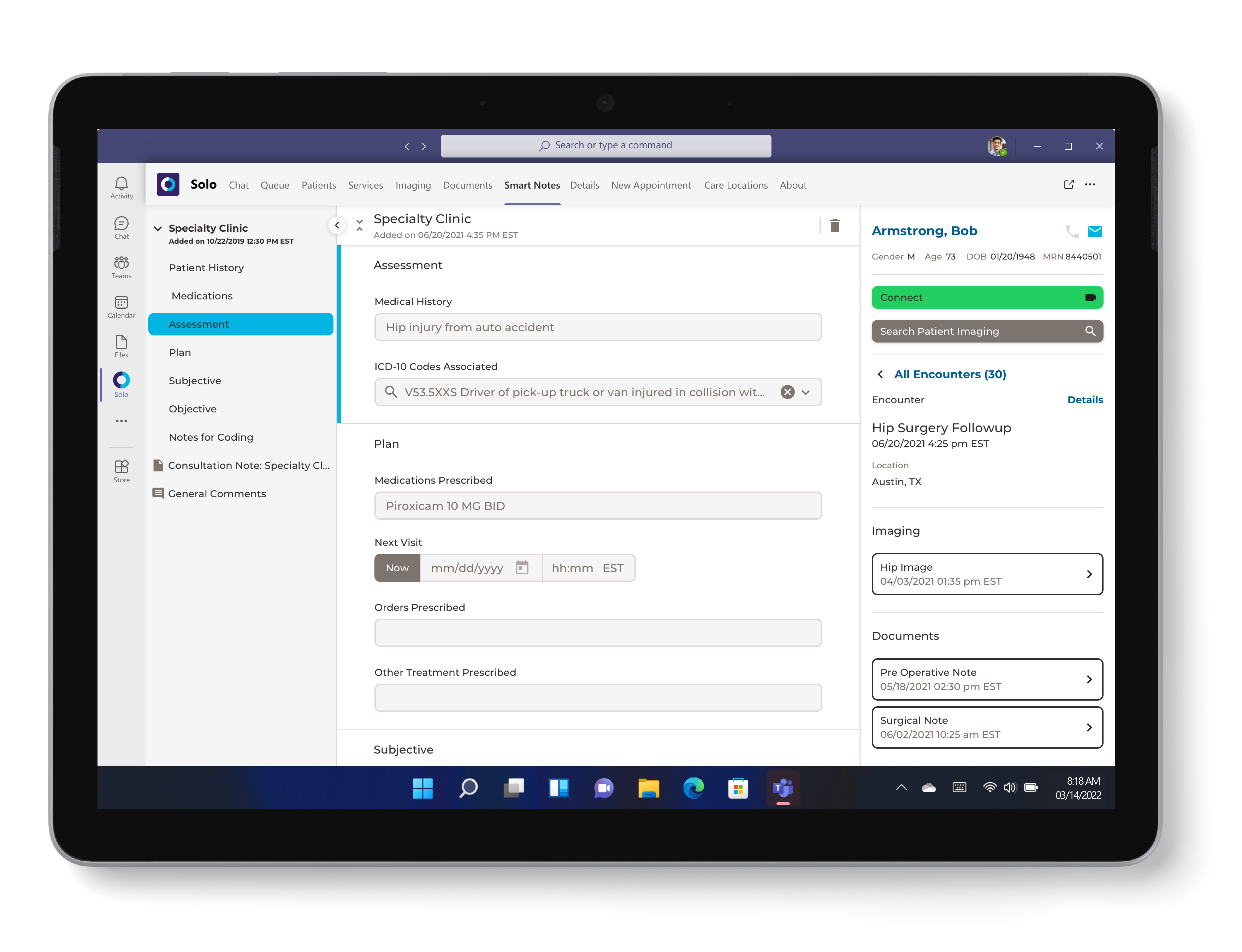 Tablet displaying the specialty clinic assessment tab of the Teladoc Health Solo T M program with Microsoft Teams including patient’s name, injury assessment notes, medical plan details, and on-file imaging and documents.
