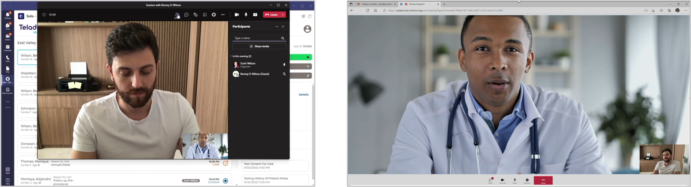 Side-by-side display of Teladoc Health custom app for virtual healthcare. Clinical team view to the left showing patient and patient view to the right showing physician. 