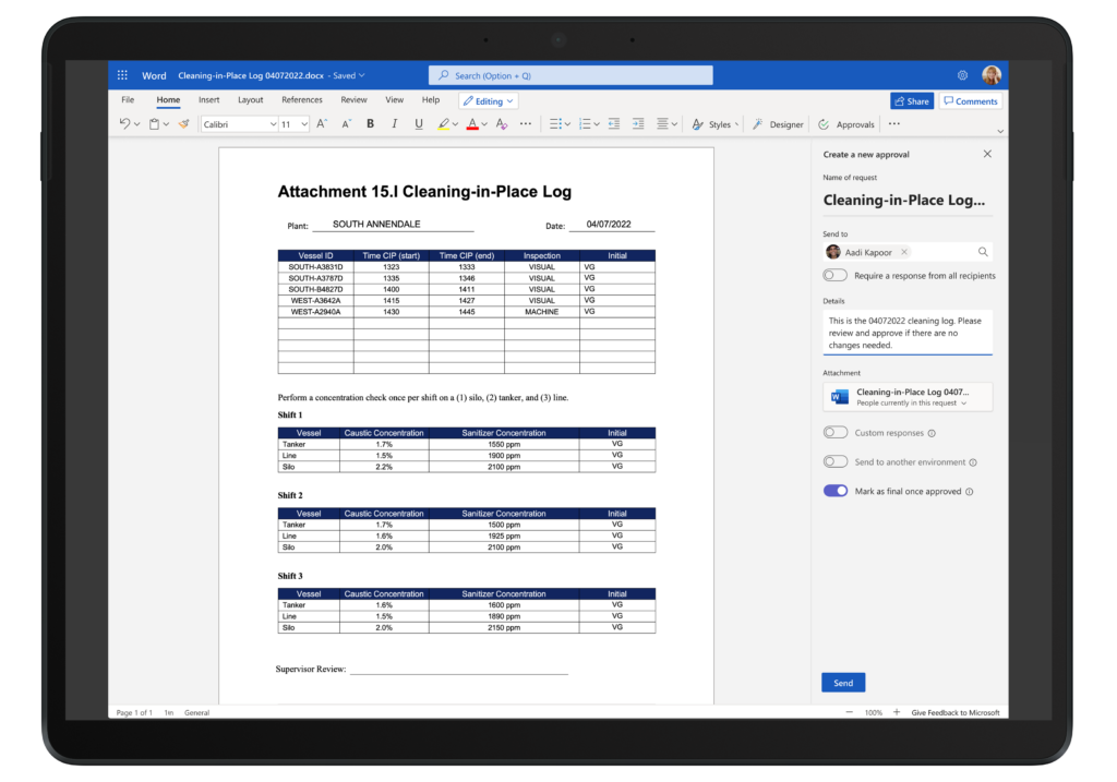 Tablet device showing a cleaning log document with approval settings in Microsoft Word.