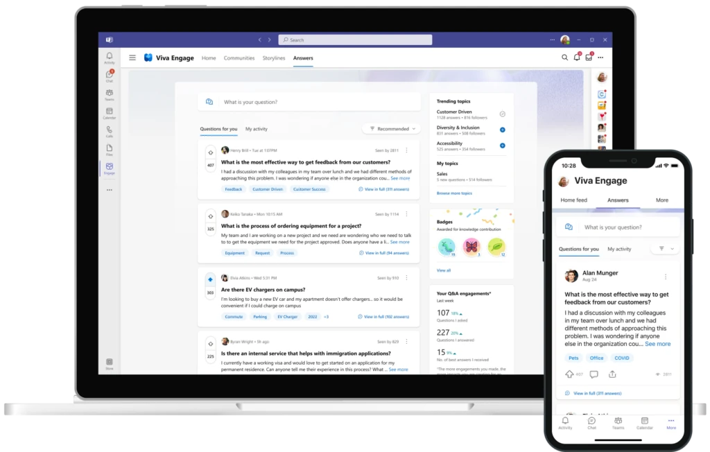 The new Answers hub in Viva Engage desktop and mobile experiences.
