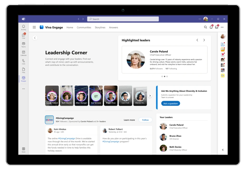User interface of a Leadership Corner community within Viva Engage.
