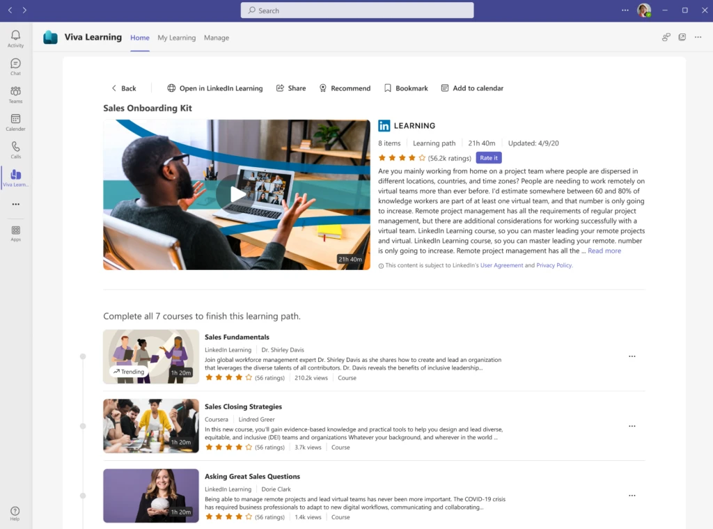 Screenshot of Sales Onboarding Kit learning path from LinkedIn Learning Hub appearing in the Viva Learning app in Microsoft Teams. Learning path contains 7 courses.