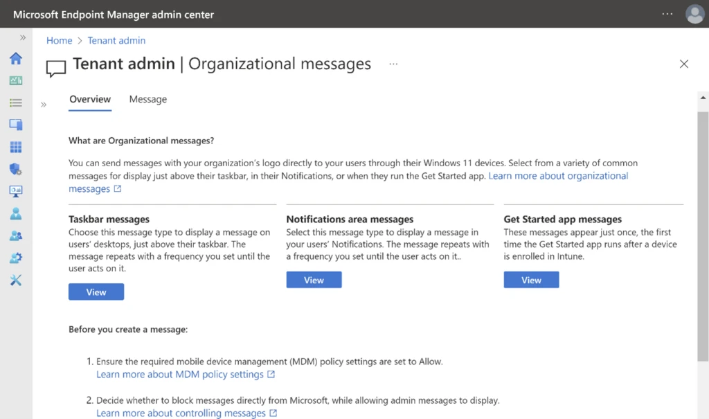 Overview page of organizational messages in Endpoint Manager