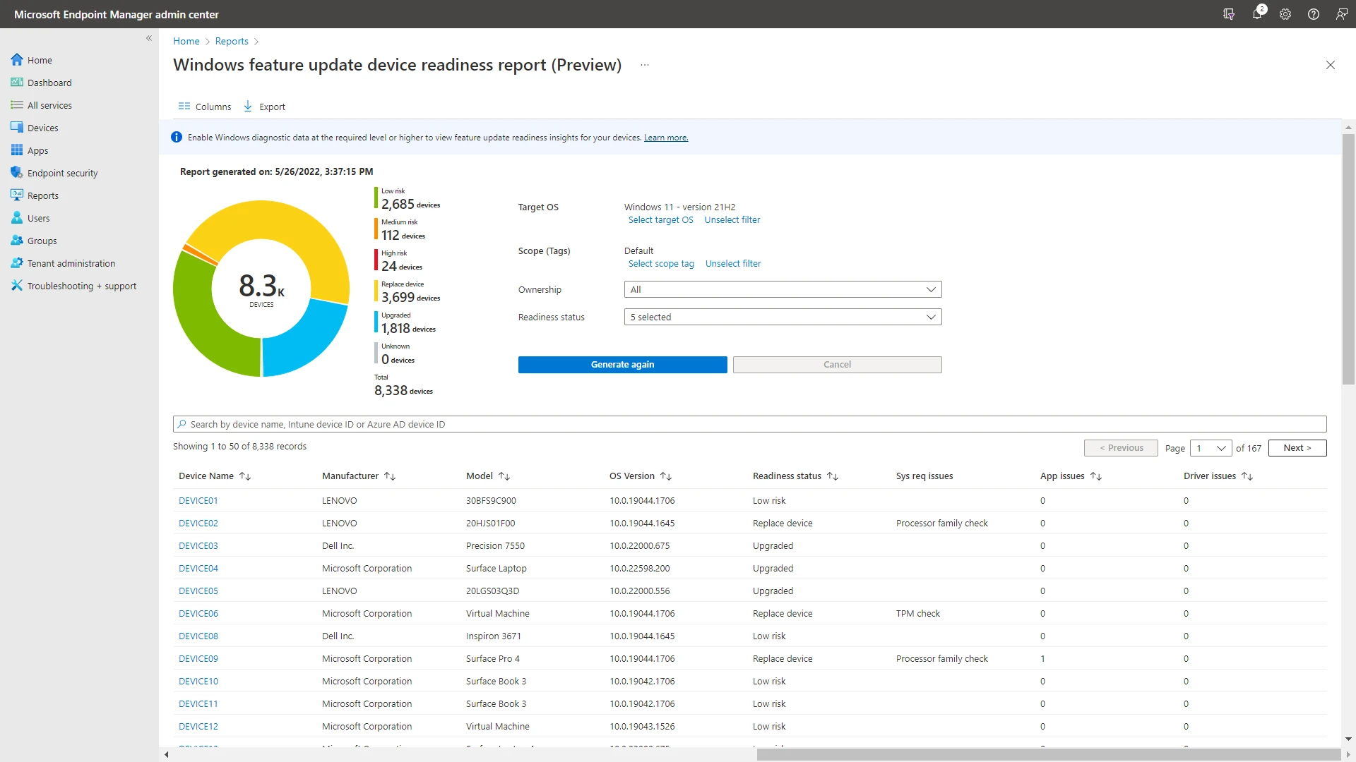 Windows feature update device readiness report in Endpoint Manager