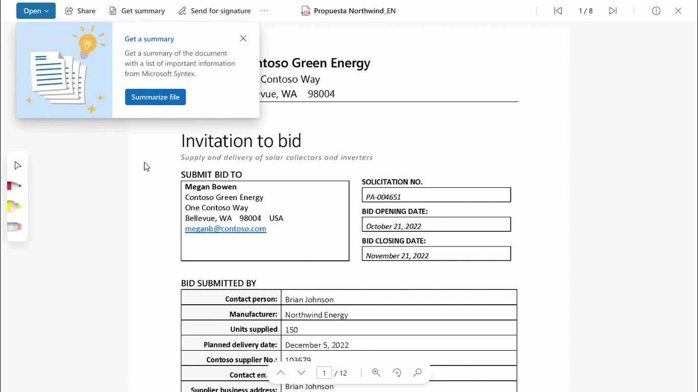 An invitation to bid document for Contoso Green Energy business. The user selects the prompt “Summarization of this file," which then summarizes the document.