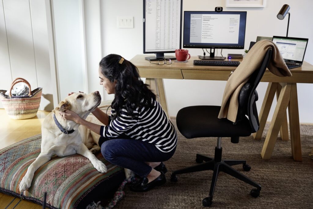 Hybrid employee working from home office and petting dog.