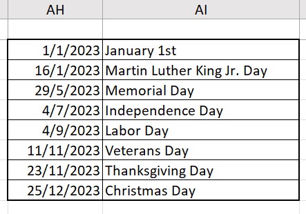 United States holidays in 2023 formatted in Excel.